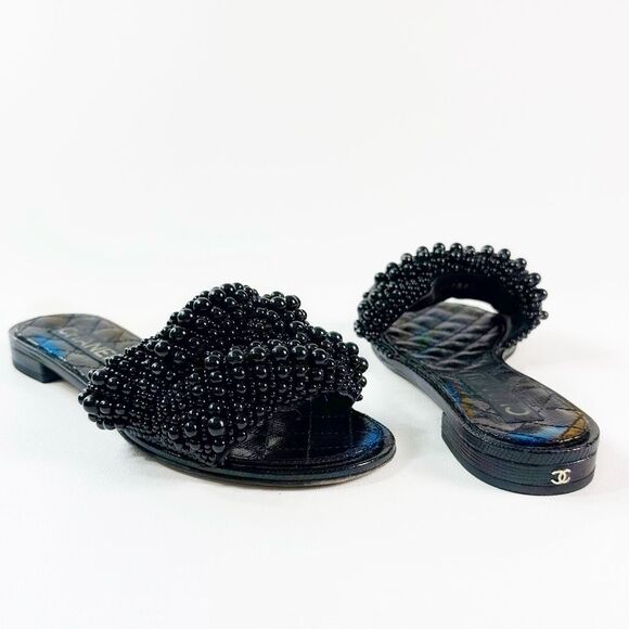 CHANEL Shoes - CHANEL Black Fantasy Pearl Cord Sandals Size 37 Mules Open Toe Slides CC Flat